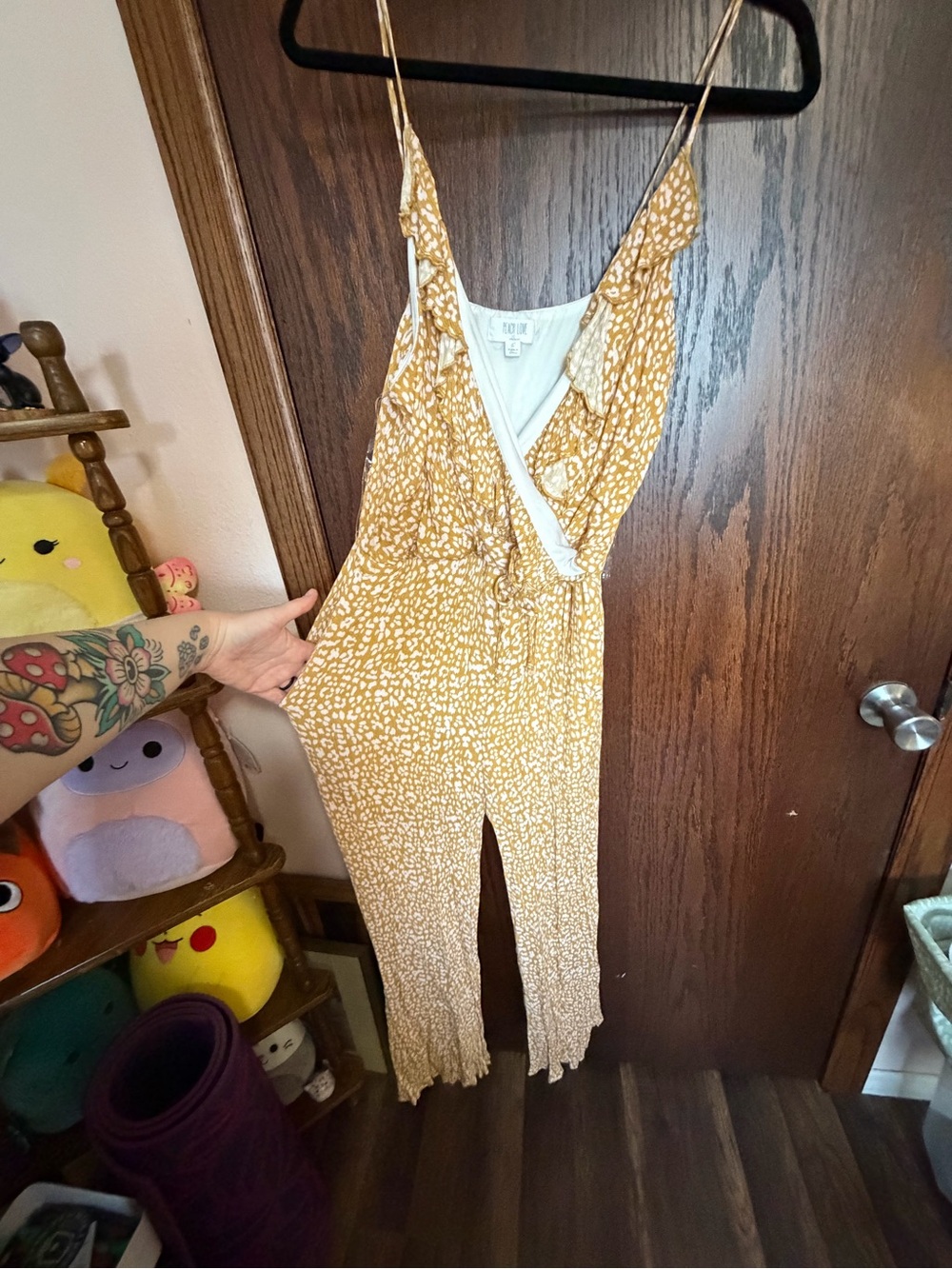 Peach Love California Mustard Yellow Printed Sleeveless Wrap Jumpsuit